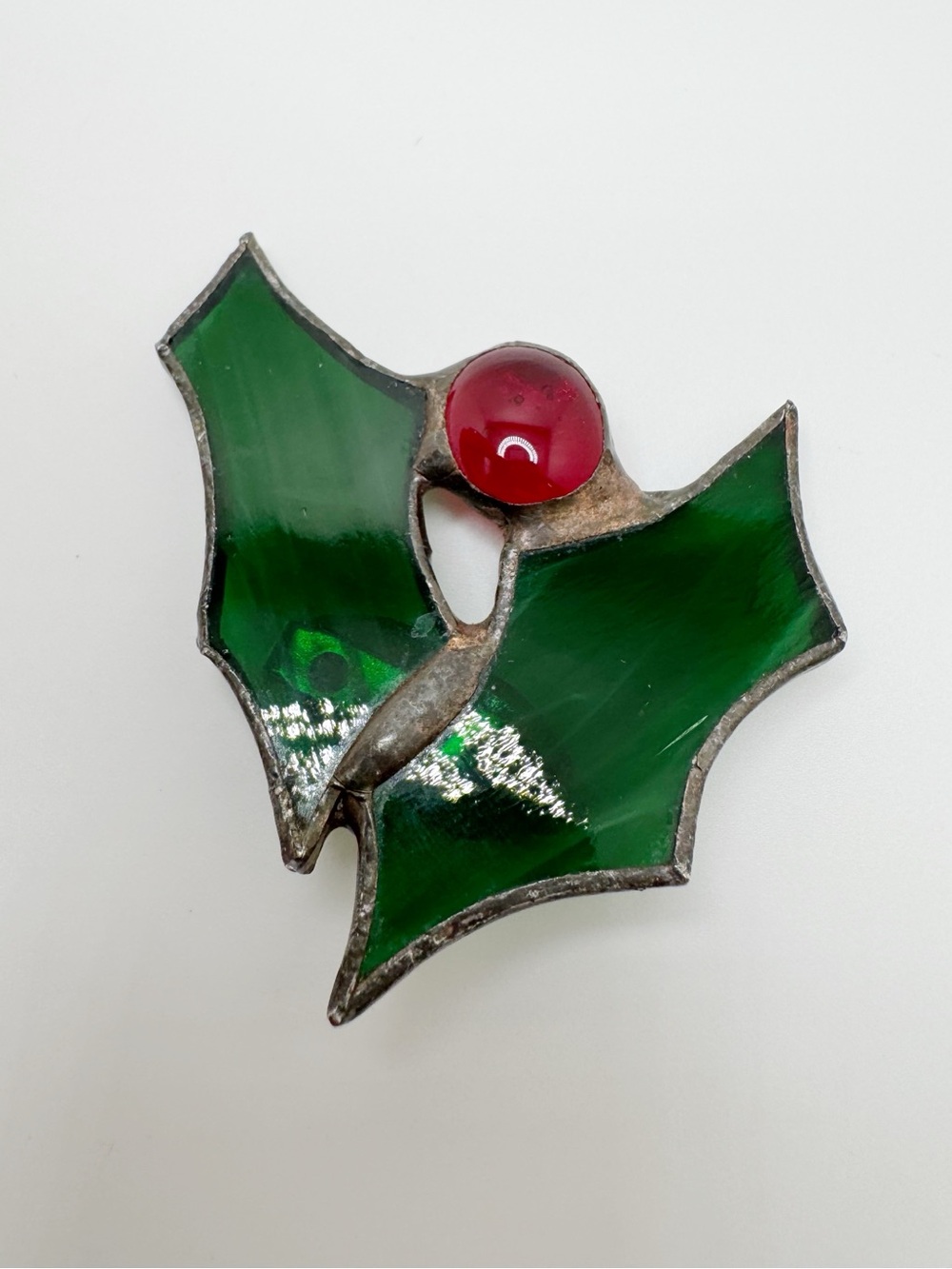 Vintage Green and Red Stained Glass Holly Brooch